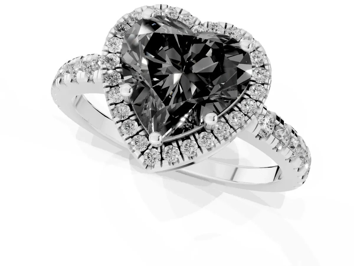 Fancy Black Heart Cut Diamond Halo Ring with Pavé Band and Four-Prong Setting White gold