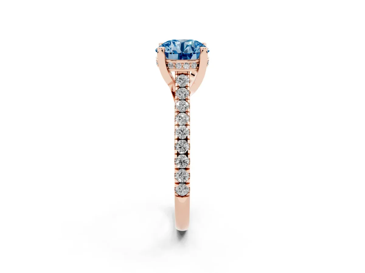 Fancy Blue Round Cut Brilliant Diamond Solitaire with Pavé Band and Four-Prong Setting Rose gold