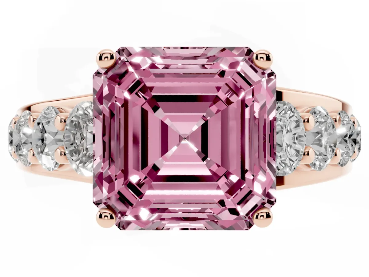Fancy Pink Asscher Cut Diamond Engagement Ring with Pavé Band and Four-Prong Setting Rose gold