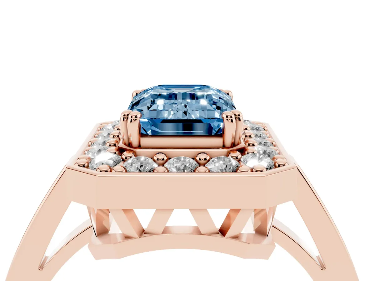 Fancy Blue Emerald Cut Diamond Halo Ring with Split Shank and Four-Prong Setting Rose gold