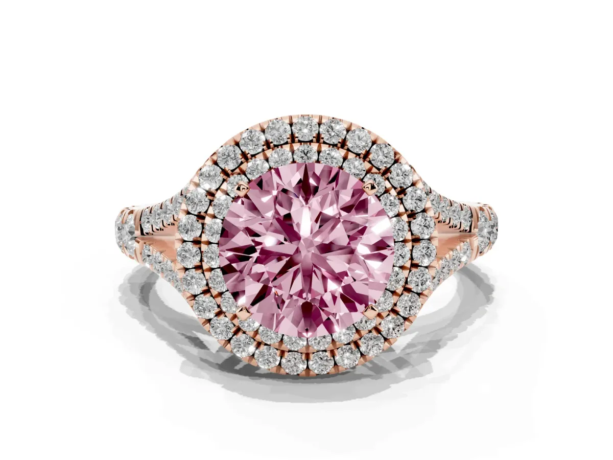 Fancy Pink Round Cut Cut Double Halo Split Shank Diamond Ring with Prong Setting Rose gold