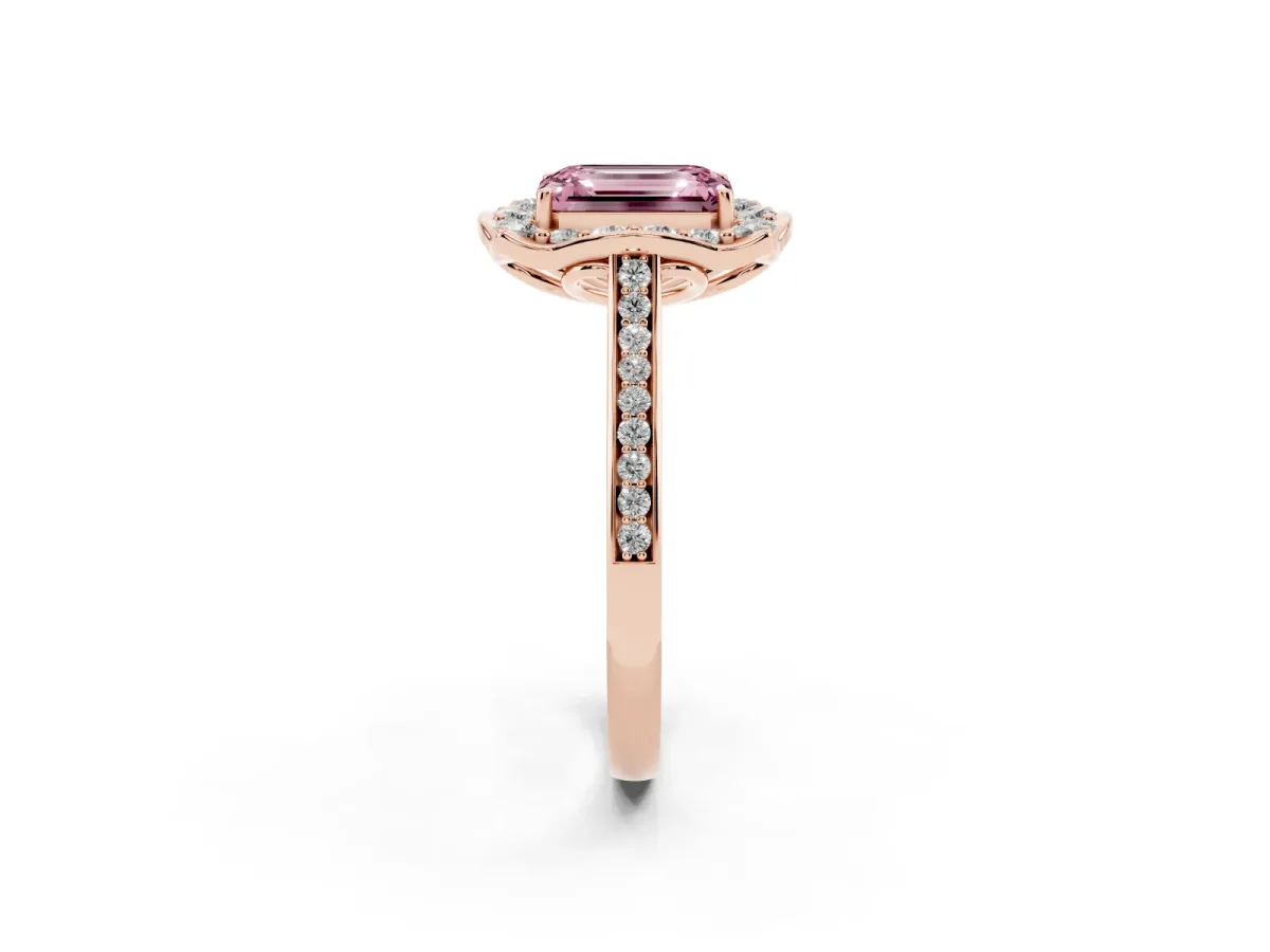 Fancy Pink Emerald Cut Halo Round Diamond Pave Band with Four-Prong Setting Rose gold