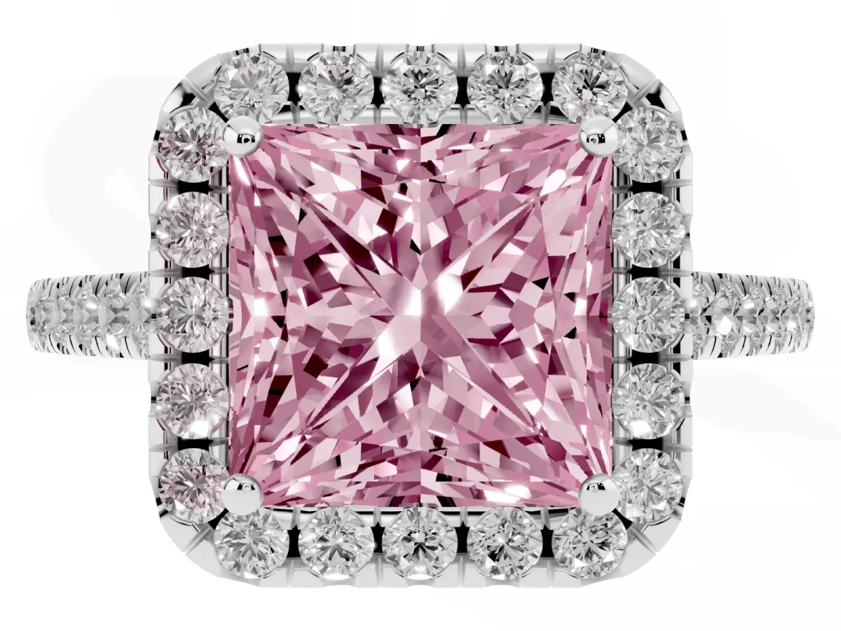 Fancy Pink Princess Cut Halo Pave Diamond Engagement Ring with Four-Prong Setting Silver