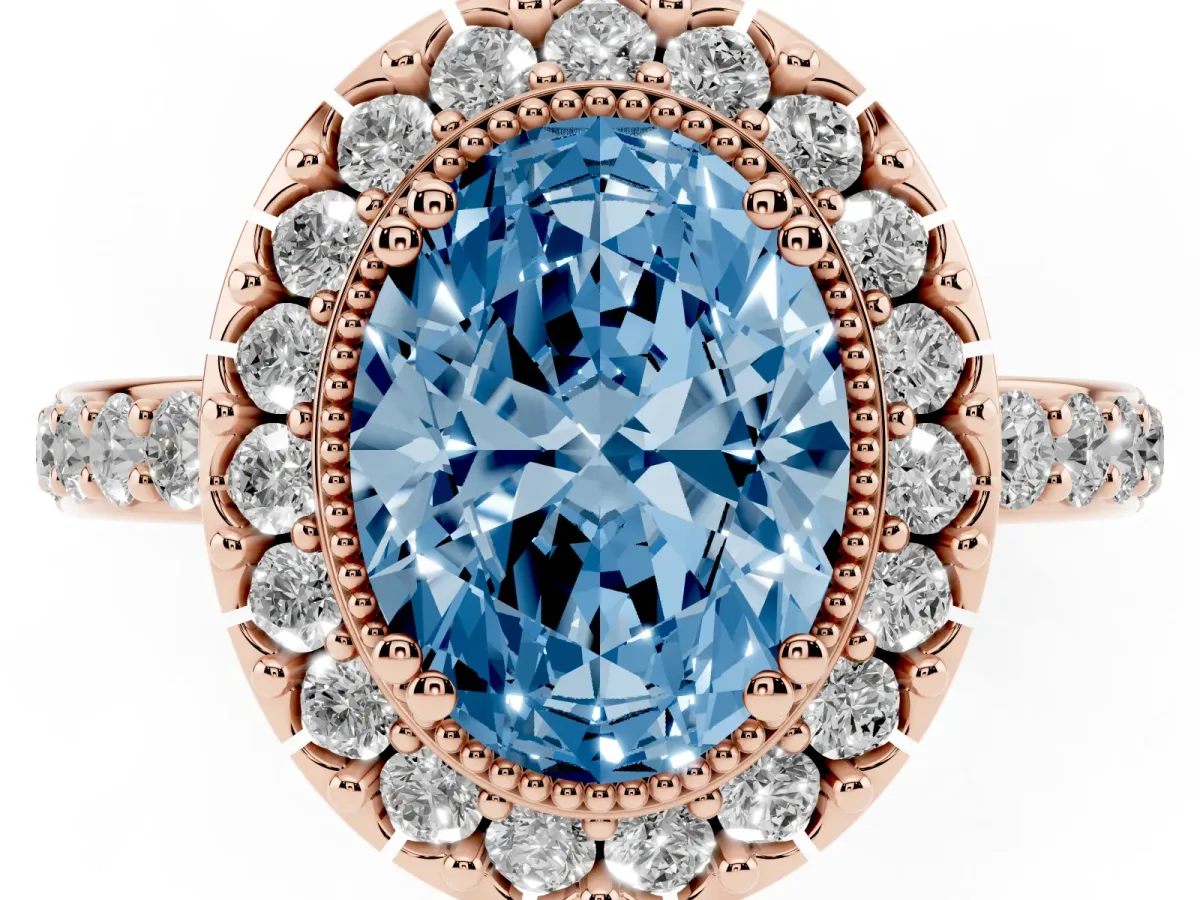 Fancy Blue Oval Cut Diamond Halo Ring with Pavé Band and Prong Setting Rose gold