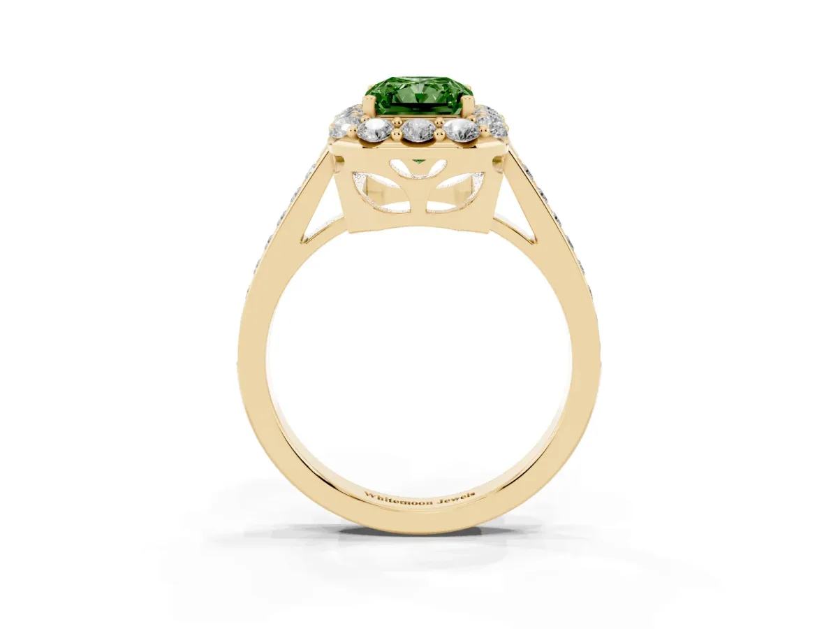 Fancy Green Radiant Cut Diamond Floral Halo Ring with Pavé Band and Prong Setting Yellow gold