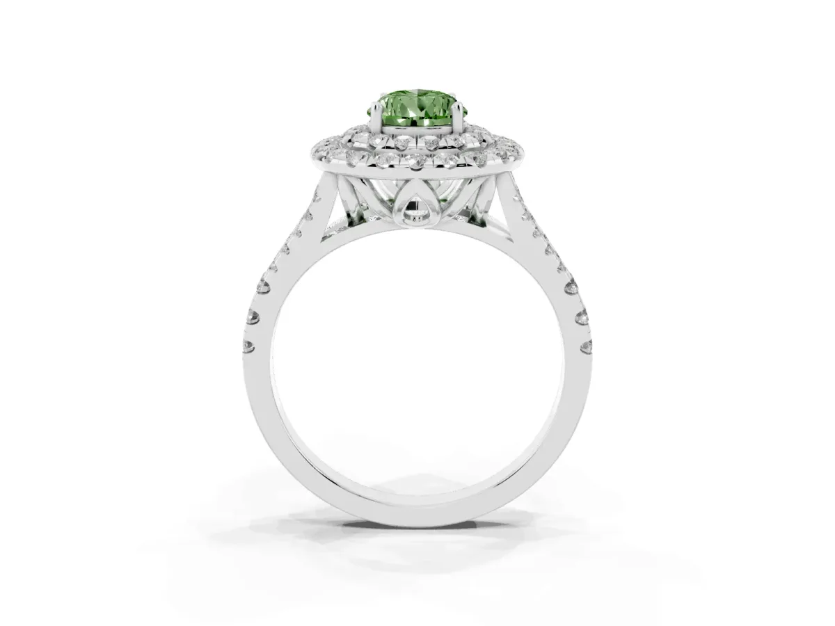 Fancy Green Double Halo Pear Cut Diamond Pavé Split Shank Ring with Prong Setting Platinum