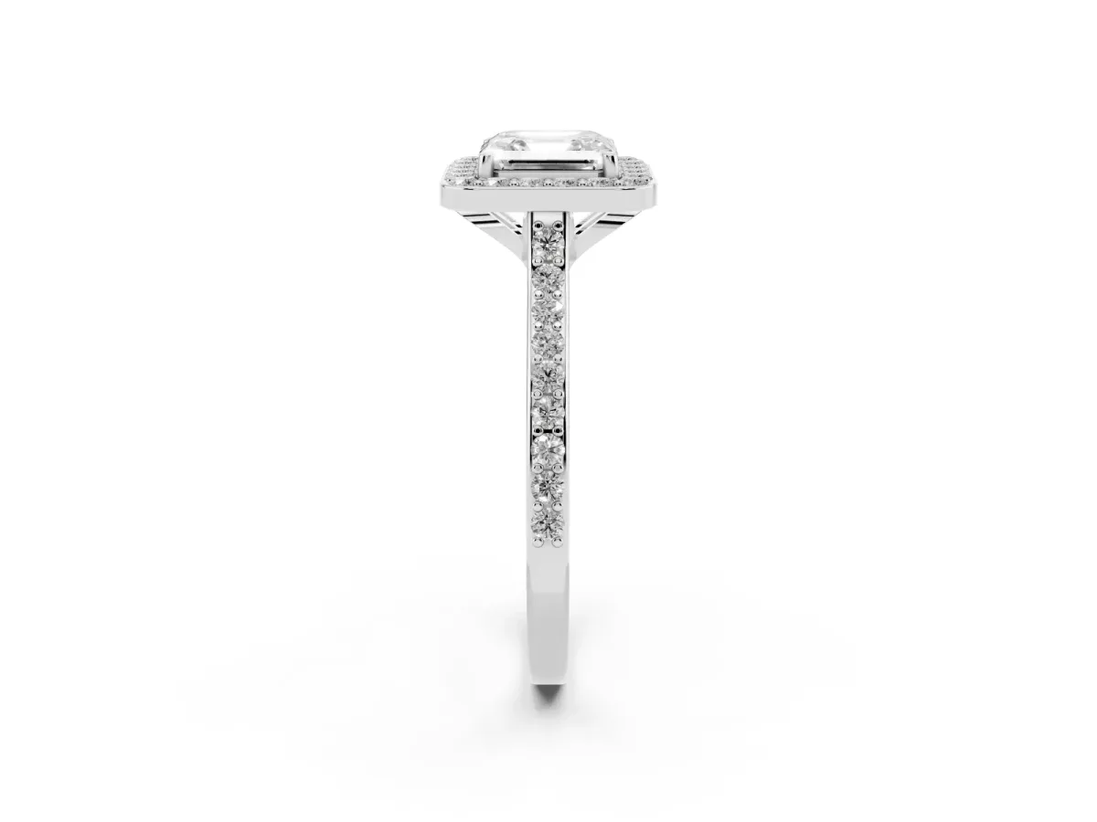 Asscher Cut Diamond Halo Engagement Ring with Round Pavé Shoulders and Prong Setting White gold