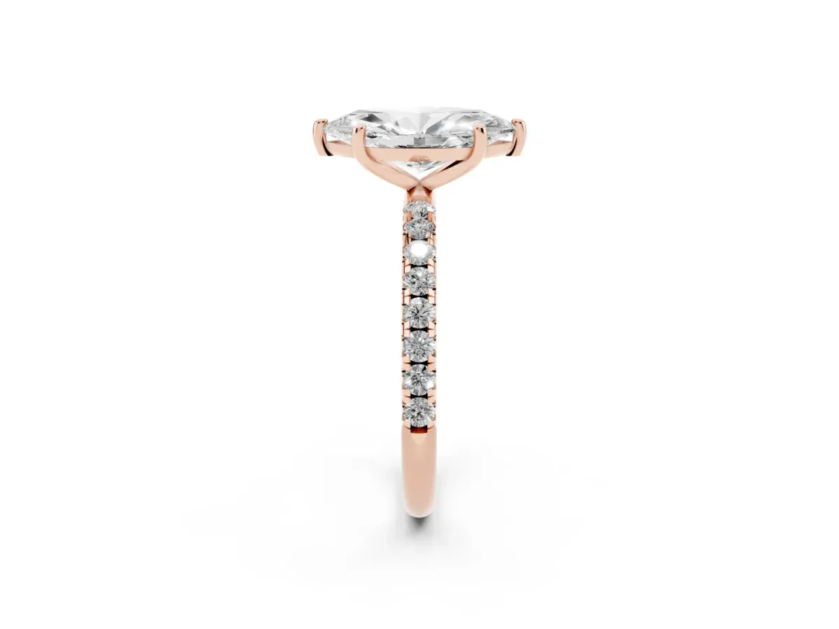 Marquise Cut Cut Diamond Solitaire Ring with Micro Pave Band and Four Prong Setting Rose gold