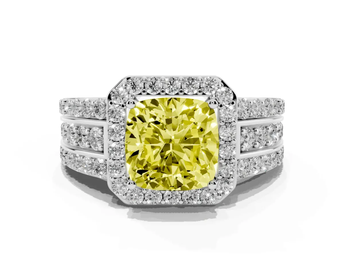 Fancy Yellow Cushion Cut Halo Diamond Ring with Round Split Shank and Prong Setting Silver