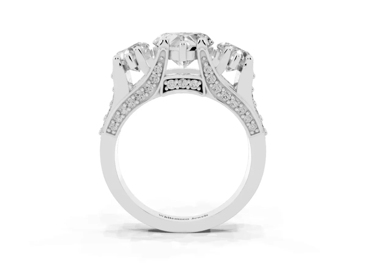 Heart Cut Diamond Three-Stone Ring with Channel Set Band and Four-Prong Setting Silver