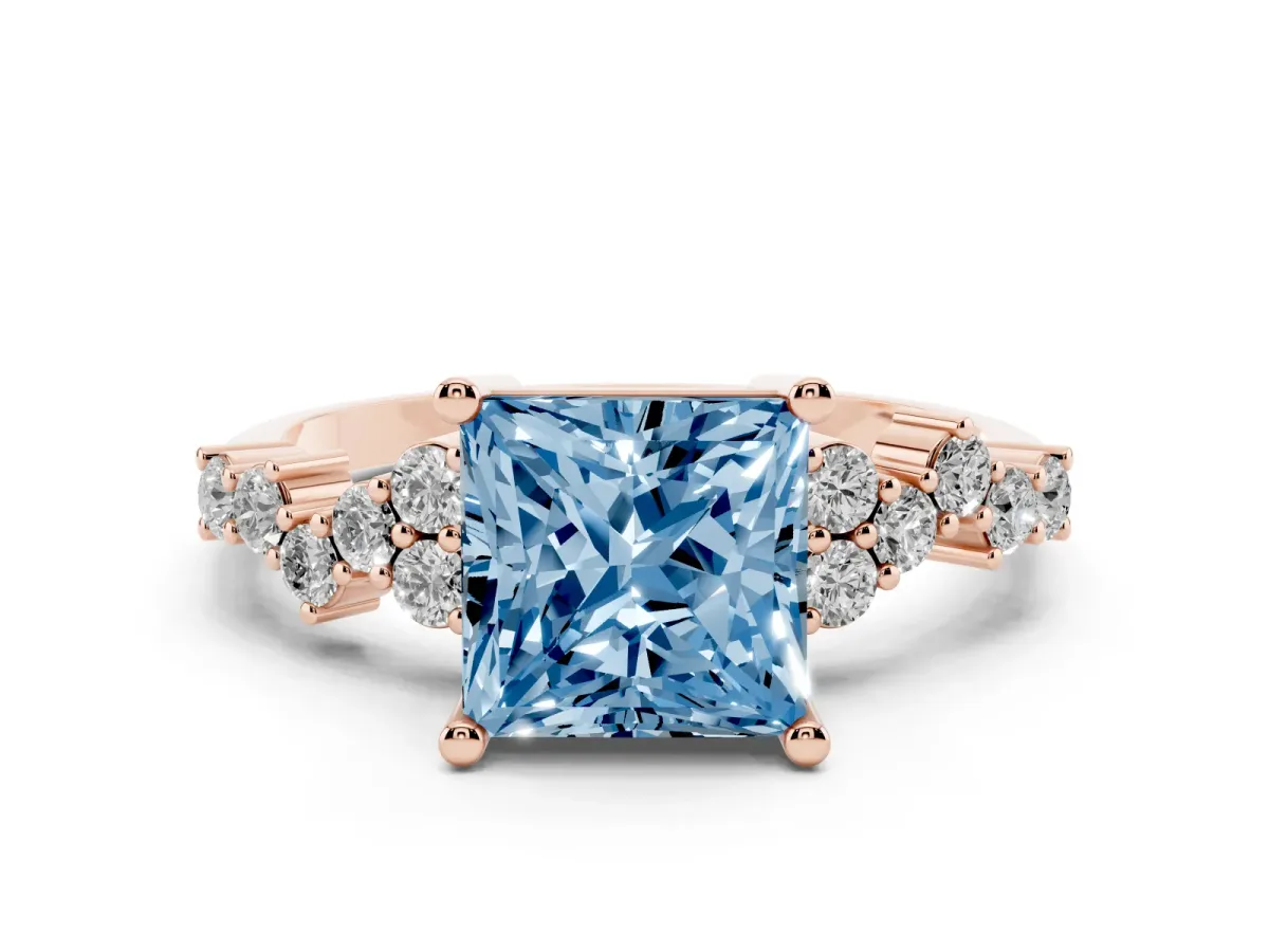 Fancy Blue Princess Cut Diamond Scattered Round Accent Ring with Prong Setting Rose gold