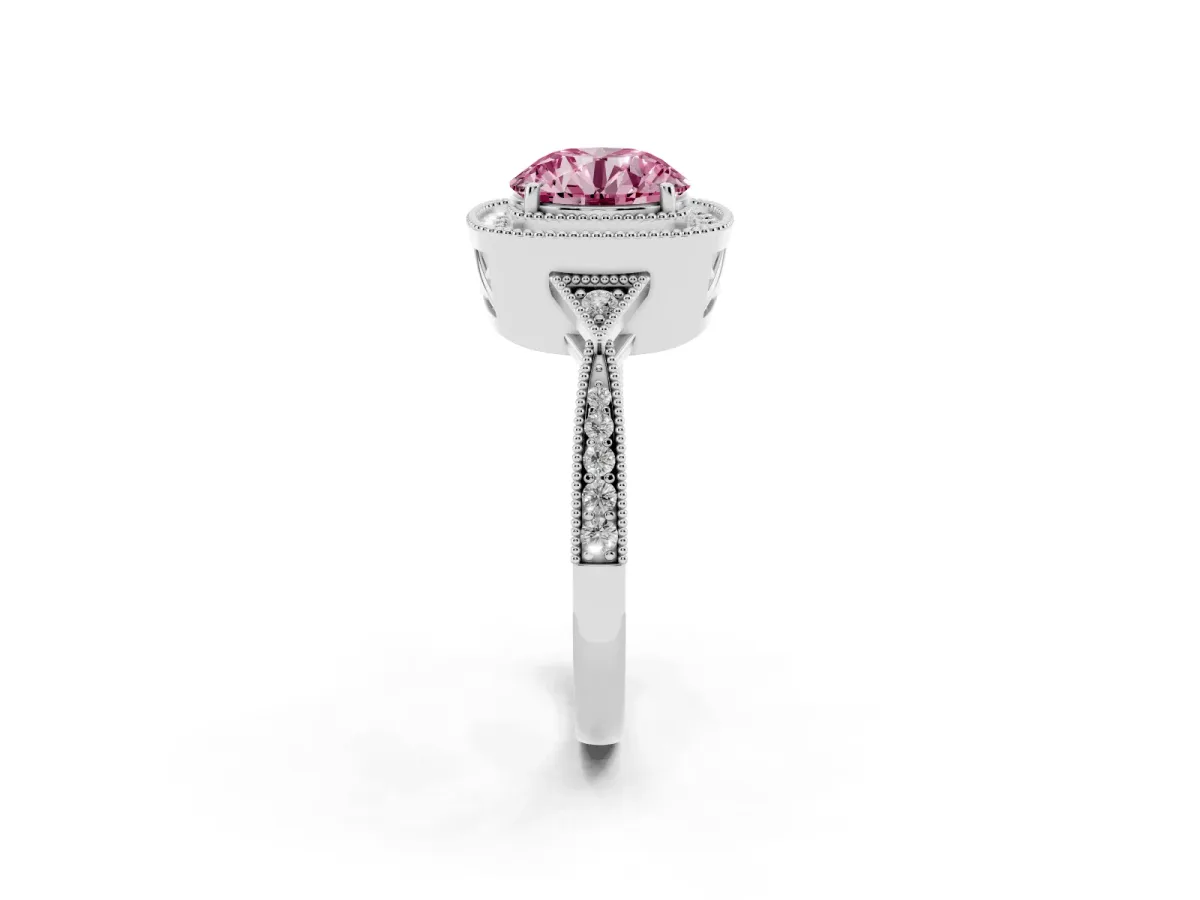 Fancy Pink Round Cut Halo Round Diamond Milgrain Pave Engagement Ring White gold