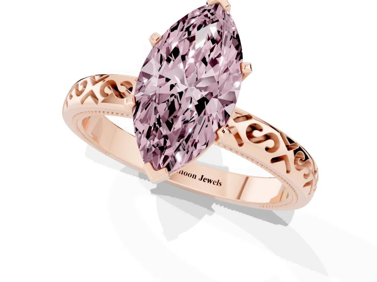 Fancy Pink Marquise Cut Solitaire Engagement Ring with Scrollwork Band and Four-Prong Setting Rose gold