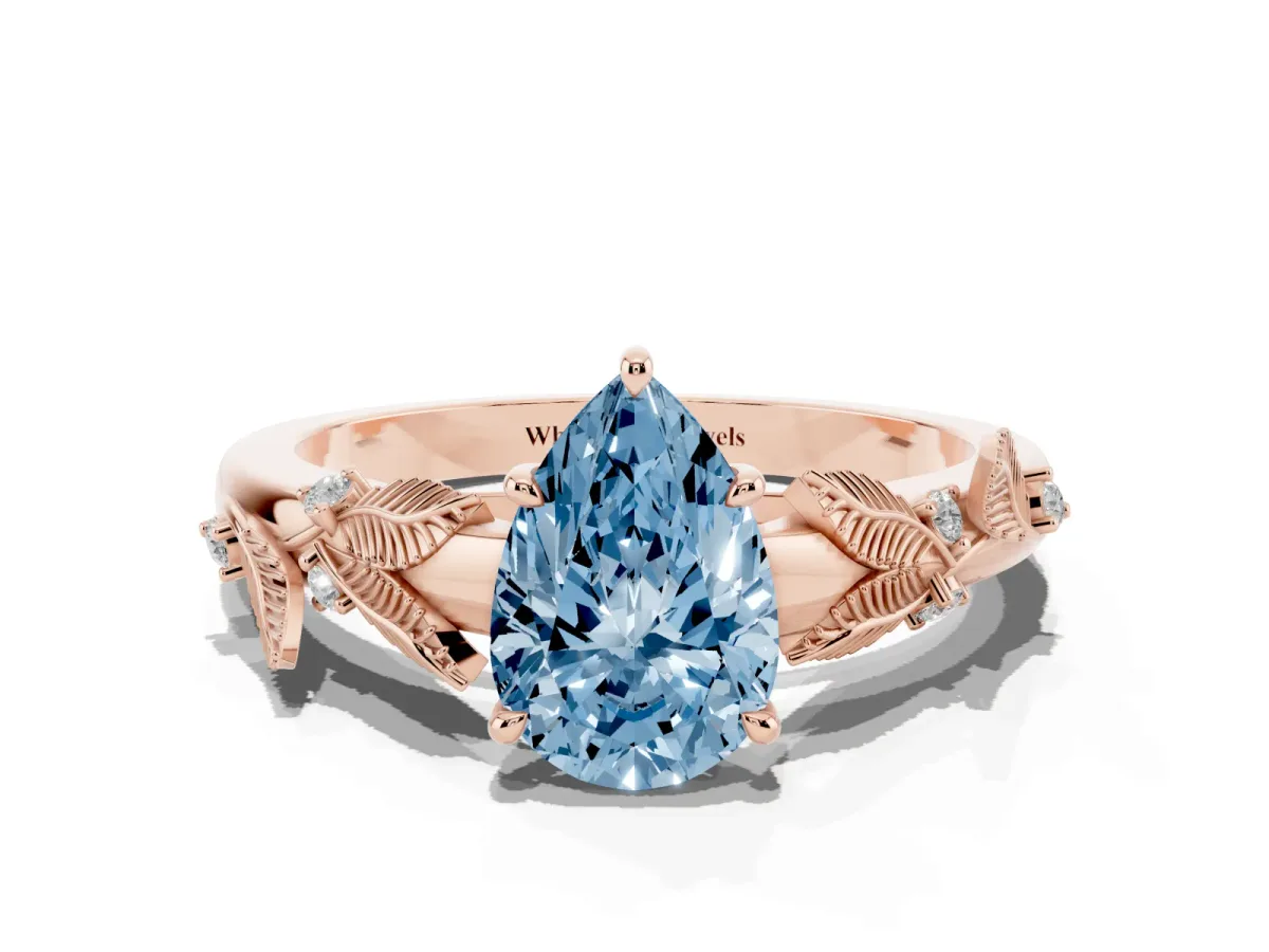 Fancy Blue Pear Cut Diamond Solitaire Ring with Leaf Motif Band and Four-Prong Setting Rose gold