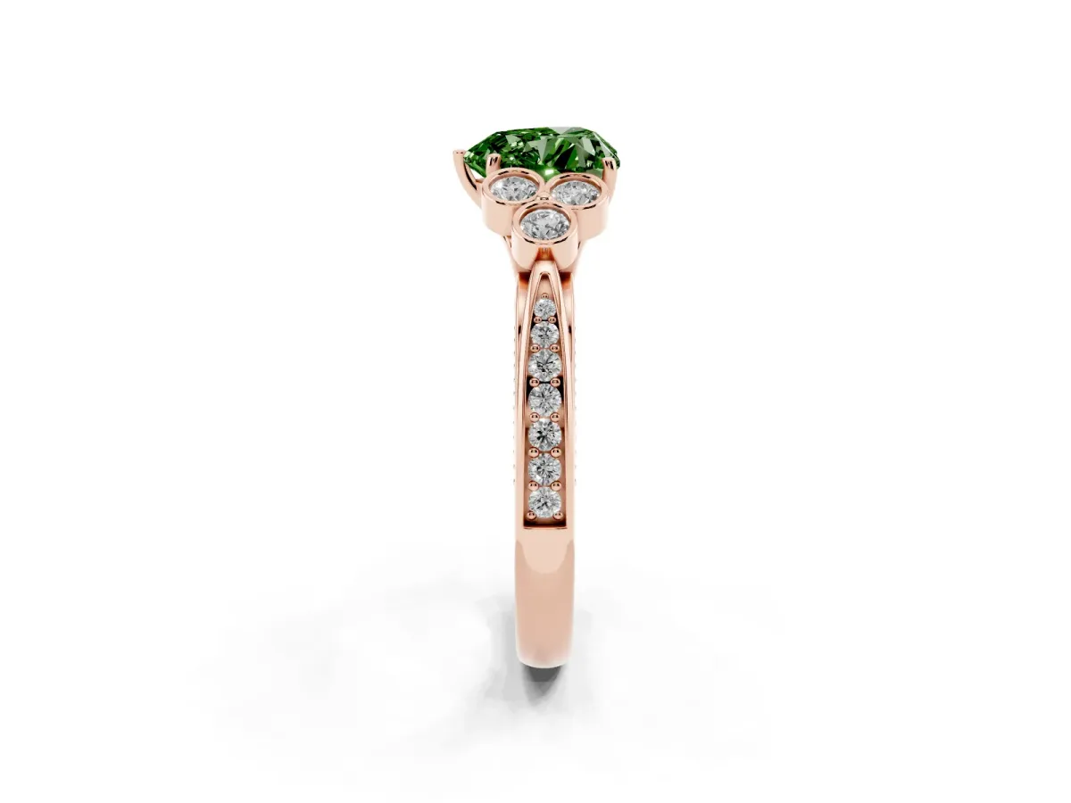 Fancy Green Heart Cut Cut Diamond Engagement Ring with Bezel Set Round Side Stones and Prong Setting Rose gold