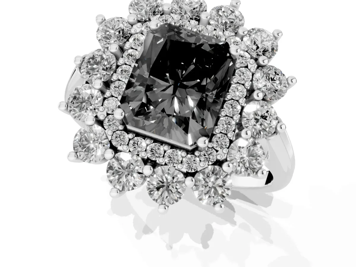 Fancy Black Radiant Cut Diamond Floral Double Halo Engagement Ring with Prong Setting Silver