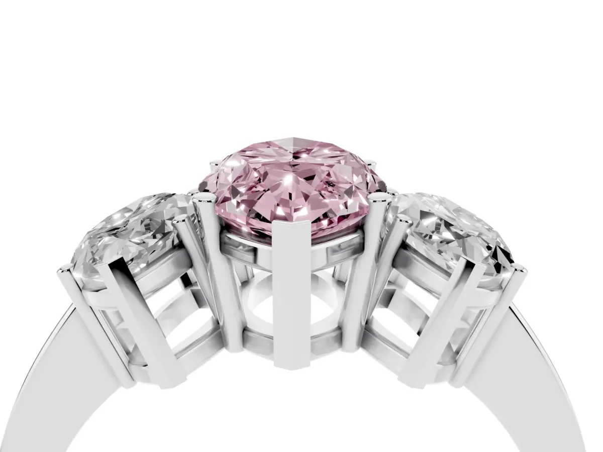 Fancy Pink Three-Stone Marquise Cut Cut Diamond Engagement Ring with Flat Band and Four-Prong Setting Silver
