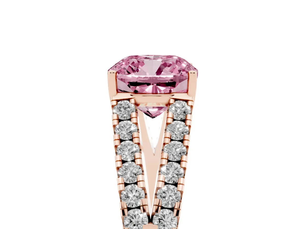Fancy Pink Cushion Cut Diamond Split Shank Engagement Ring with Round Pavé and Prong Setting Rose gold