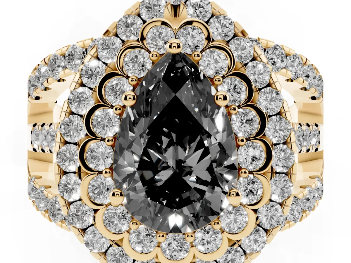 Fancy Black Pear Cut Diamond Double Halo Ring with Round Pavé Split Shank and Prong Setting Yellow gold