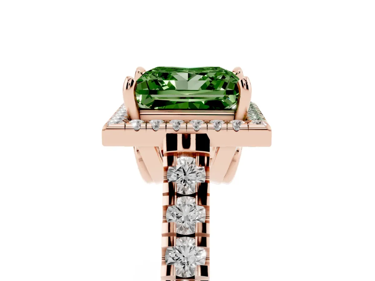 Fancy Green Princess Cut Halo Pavé Diamond Engagement Ring with Four-Prong Setting Rose gold