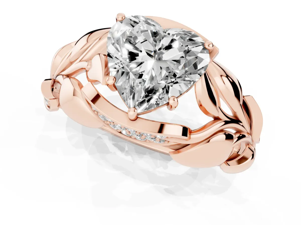 Heart Cut Diamond Leaf-Inspired Engagement Ring with Round Accents and Prong Setting Rose gold