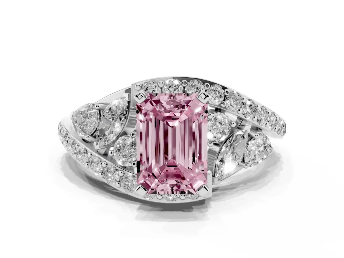 Fancy Pink Emerald Cut Diamond Halo Ring with Marquise and Pavé Band in Prong Setting Platinum