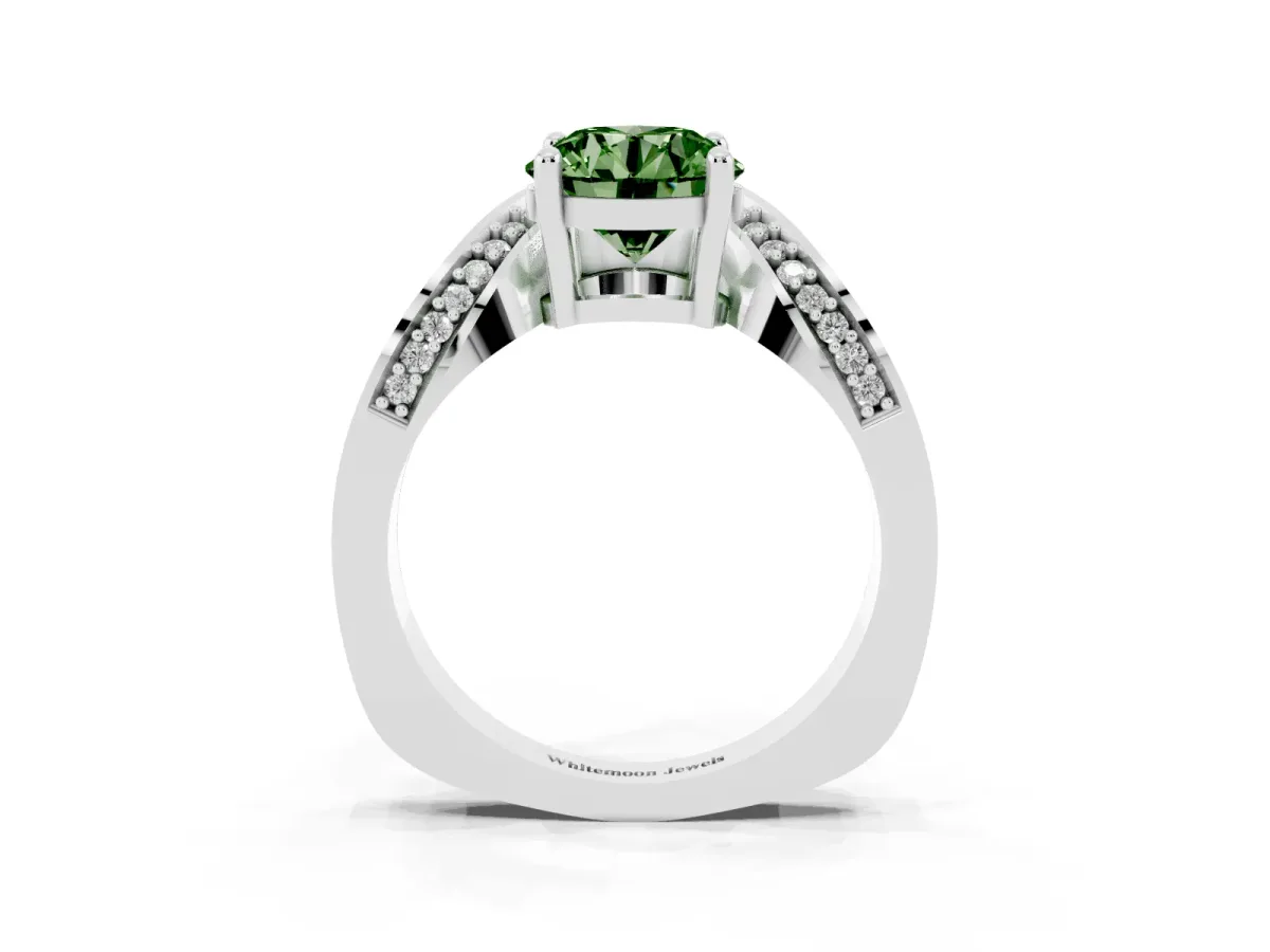 Fancy Green Round Cut Solitaire Diamond Engagement Ring with Pave Band and Four-Prong Setting White gold
