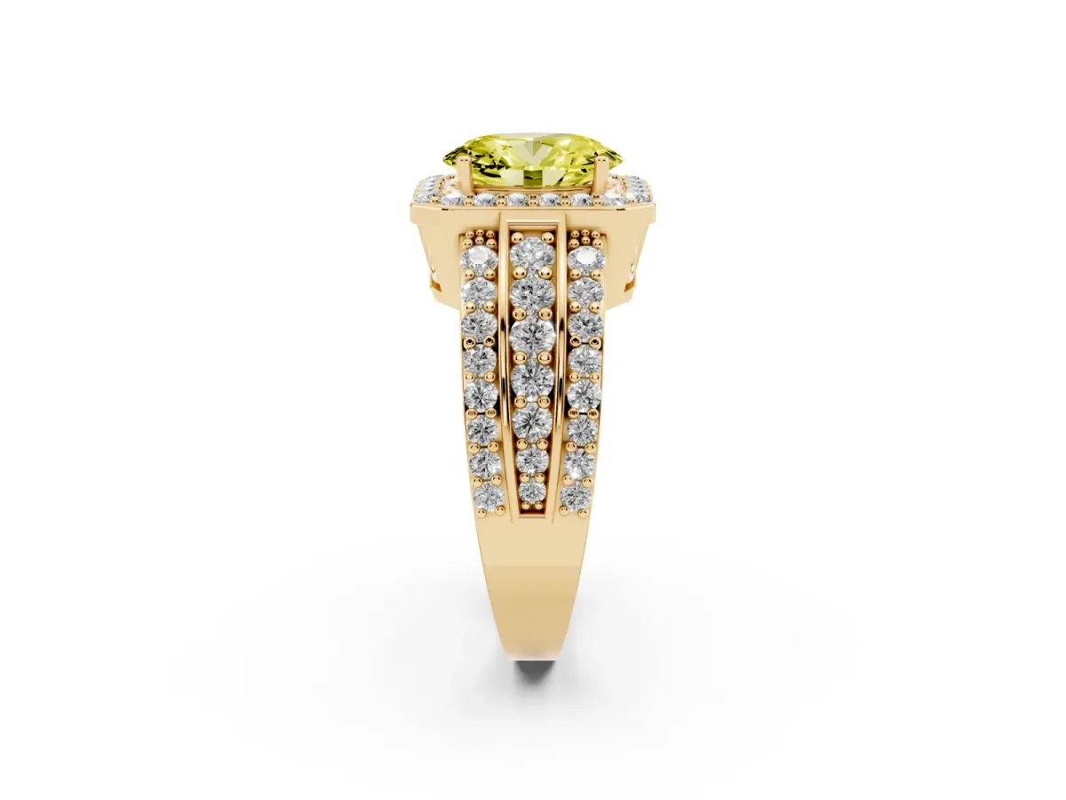 Fancy Yellow Oval Cut Halo Diamond Ring with Round Split Shank and Prong Setting Yellow gold