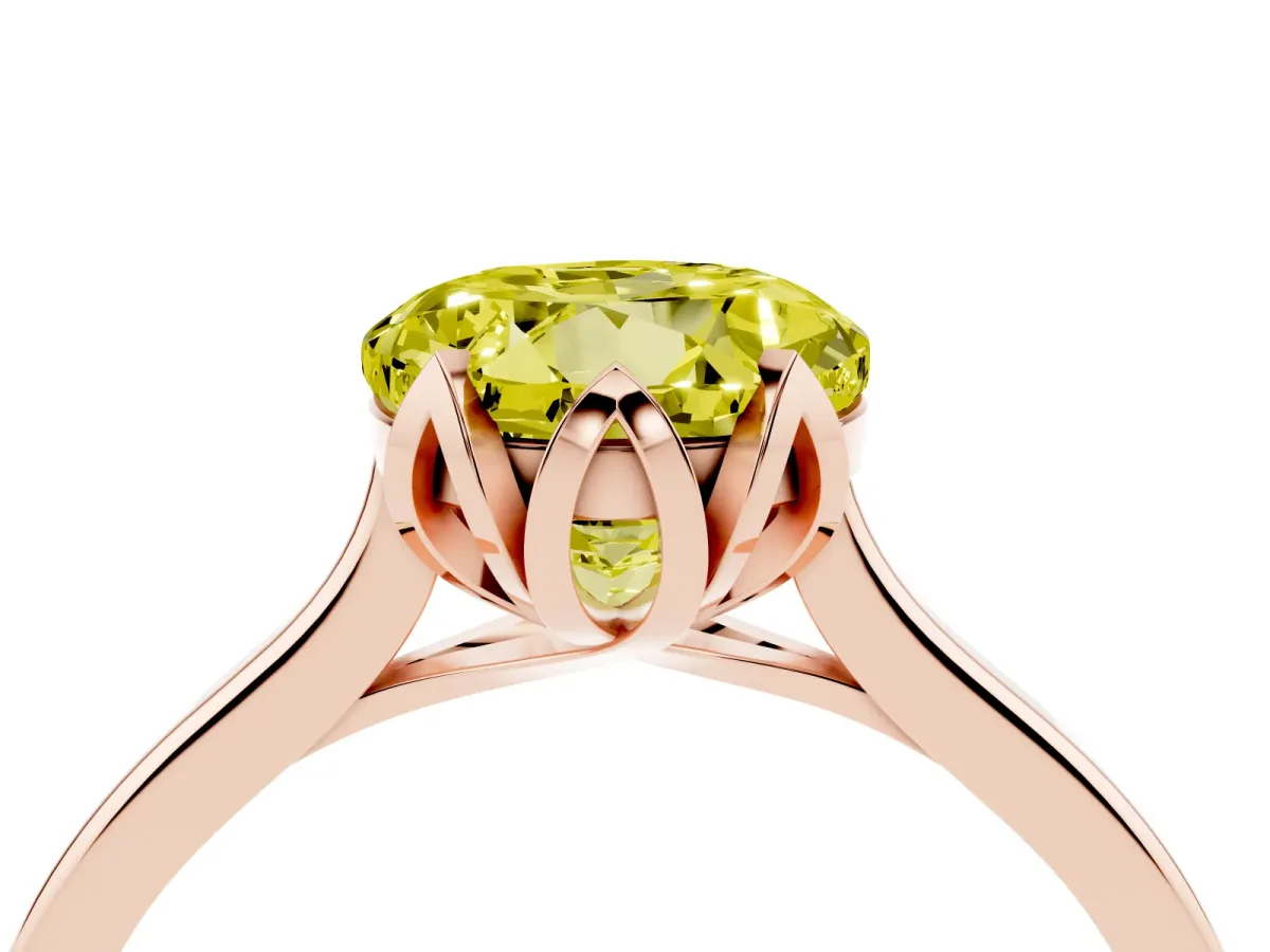 Fancy Yellow Round Cut Diamond Solitaire Ring with Flower Prong Setting and Classic Band Rose gold