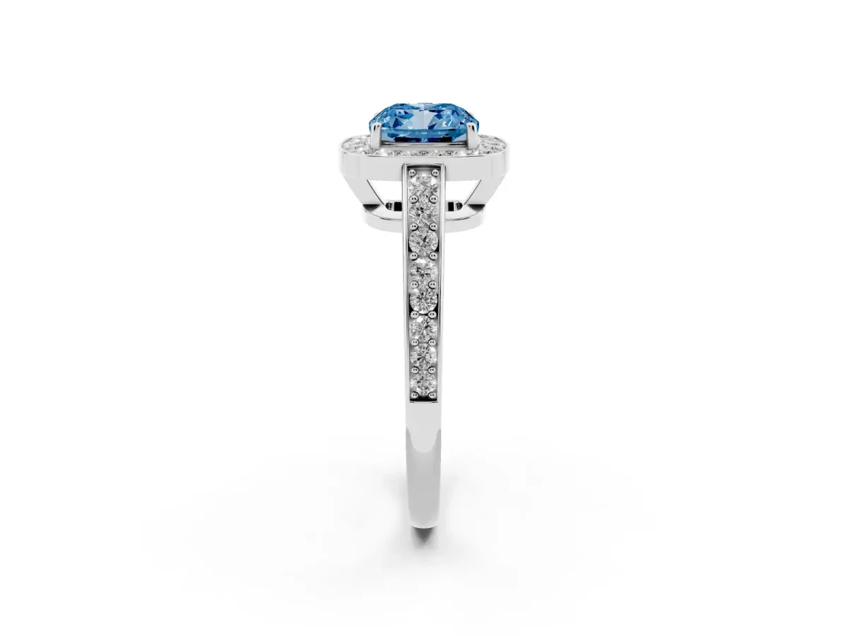 Fancy Blue Cushion Cut Halo Pavé Diamond Engagement Ring with Bezel Setting Platinum