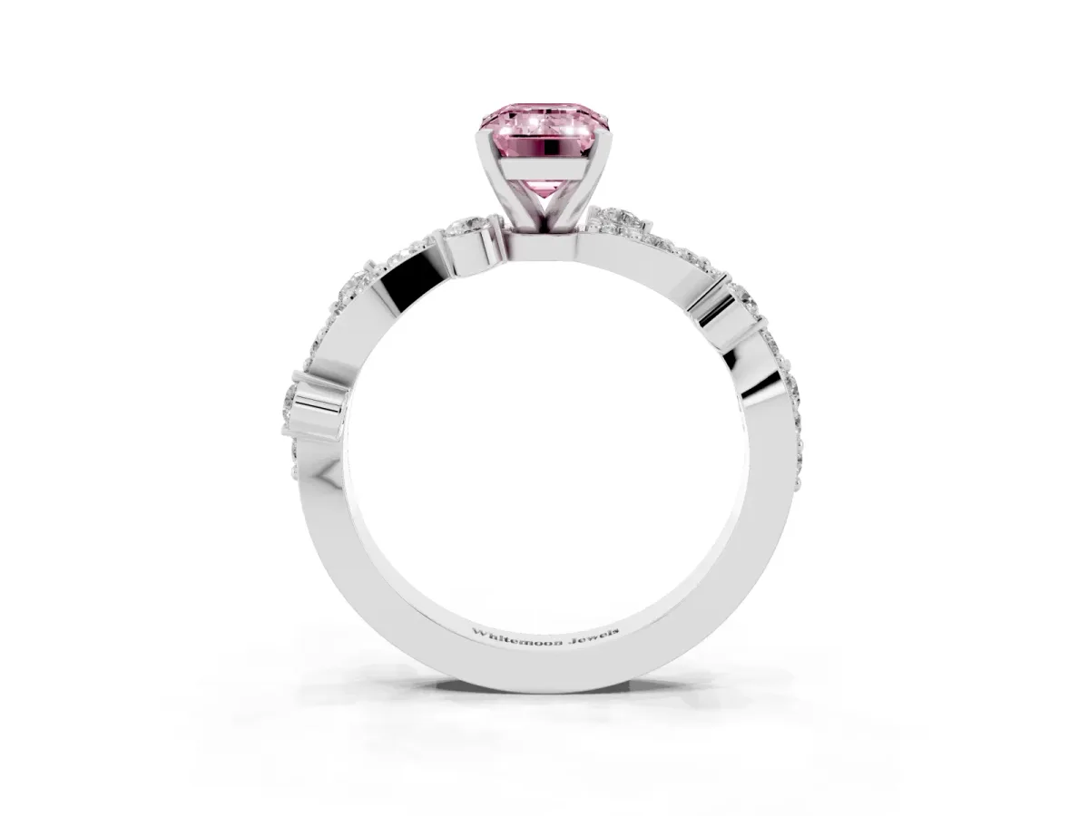 Fancy Pink Emerald Cut Cut Solitaire Diamond Twisted Band with Pave Setting Platinum