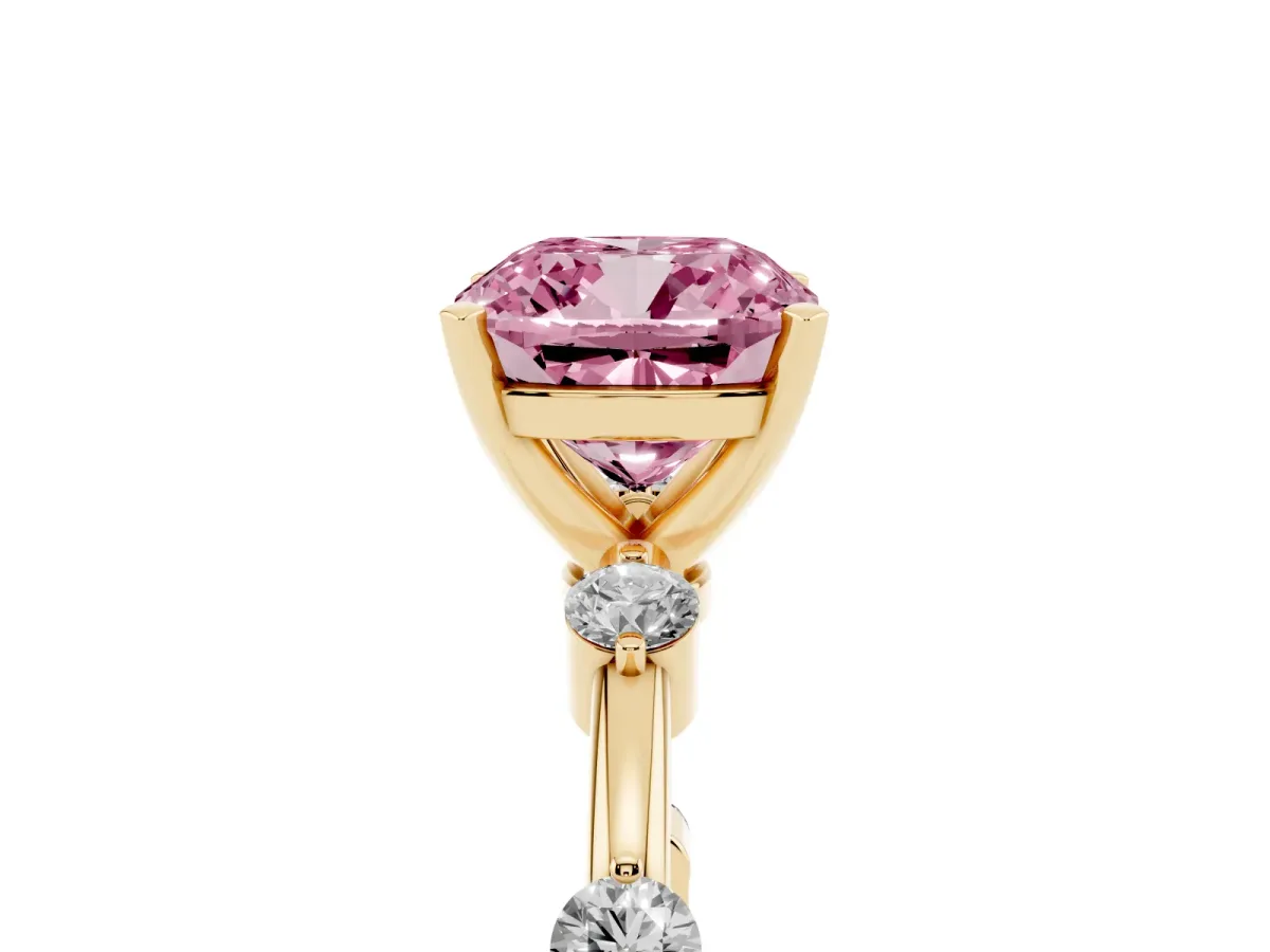 Fancy Pink Cushion Cut Solitaire Diamond Ring with Bezel Set Side Stones and Prong Setting Yellow gold