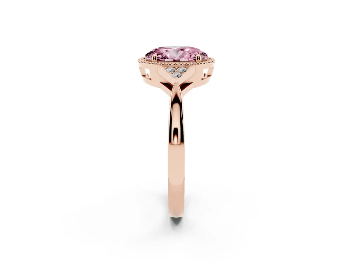 Fancy Pink Oval Cut Diamond Halo Ring with Tapered Band and Four-Prong Setting Rose gold