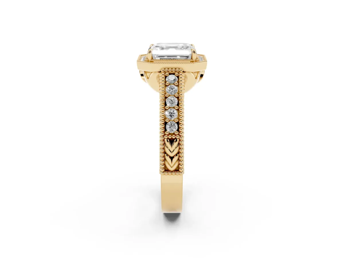 Asscher Cut Cut Halo Diamond Ring with Pavé Band and Four-Prong Setting Yellow gold