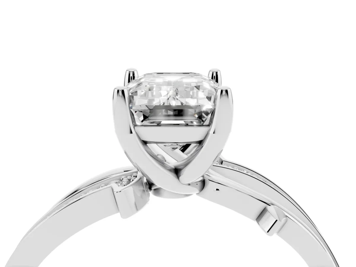 Emerald Cut Solitaire Twist Band with Pavé Accents and Four-Prong Setting Platinum