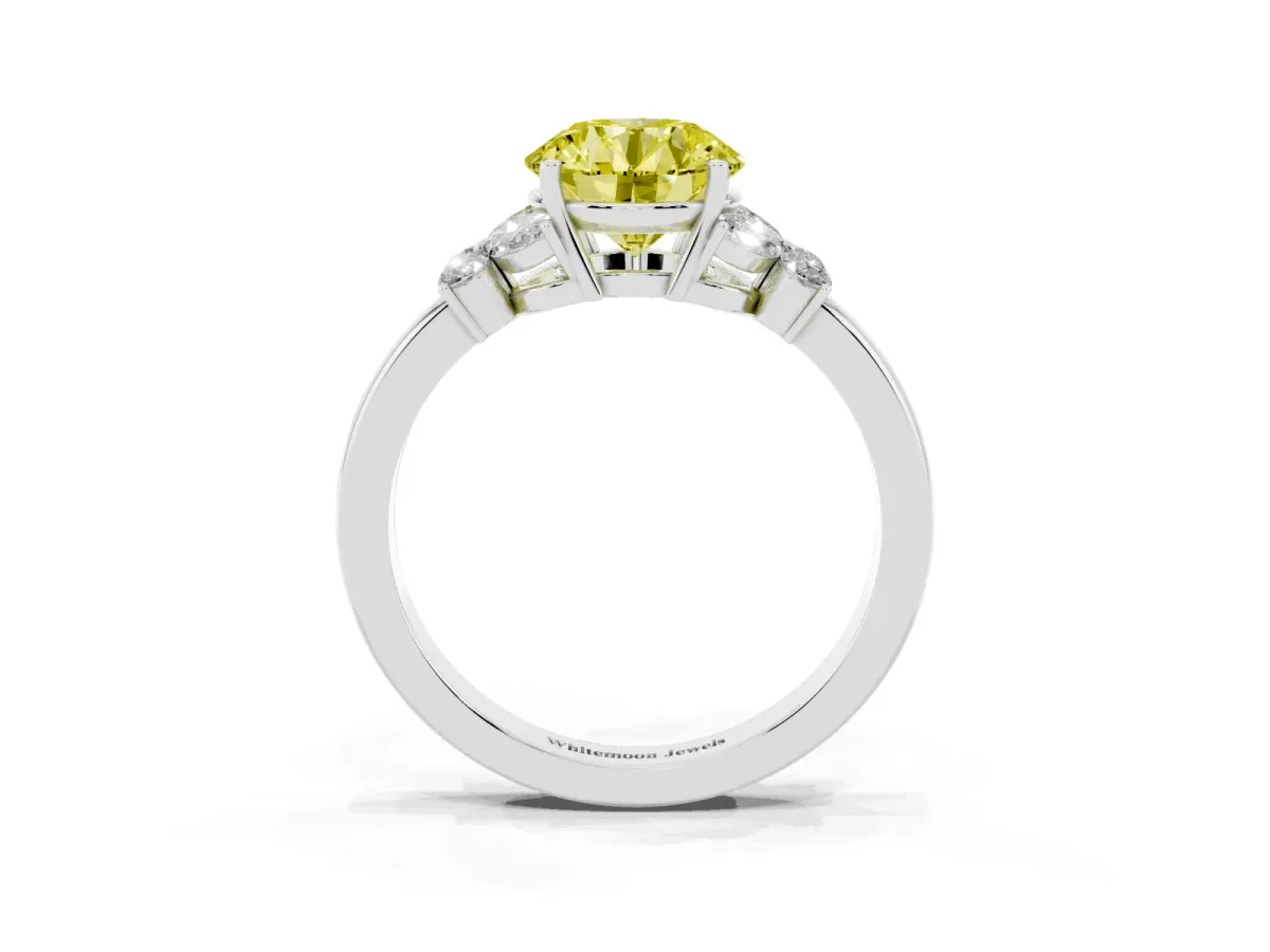 Fancy Yellow Round Cut Cut Solitaire Floral Diamond Ring with Four-Prong Setting Silver