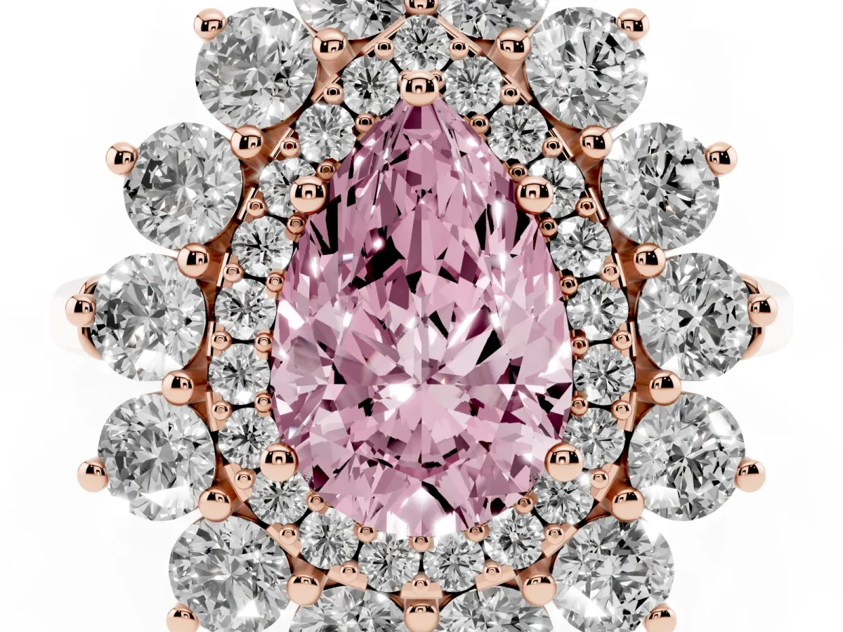Fancy Pink Pear Cut Diamond Floral Double Halo Engagement Ring with Prong Setting Rose gold