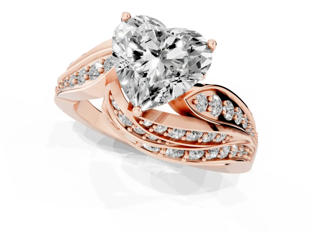 Heart Cut Diamond Solitaire Ring with Prong Setting and Twisted Pavé Band Rose gold