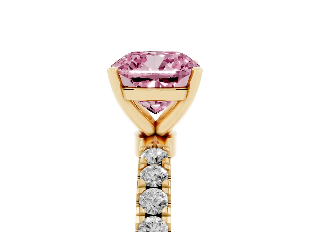 Fancy Pink Cushion Cut Diamond Solitaire Ring with Pavé Accents and Four-Prong Setting Yellow gold