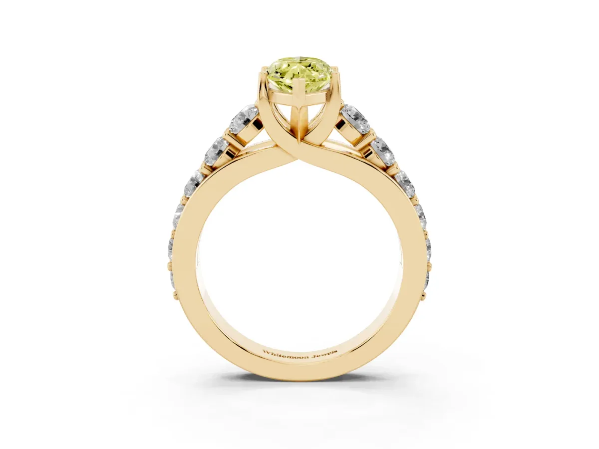 Fancy Yellow Marquise Cut Diamond Engagement Ring with Pavé Band and Four-Prong Setting Yellow gold