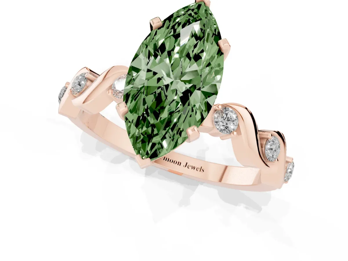 Fancy Green Marquise Cut Diamond Solitaire Twisted Band with Round Accents and Prong Setting Rose gold