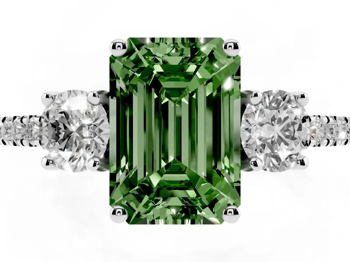 Fancy Green Three-Stone Emerald Cut Cut Diamond Pavé Band with Prong Setting Silver