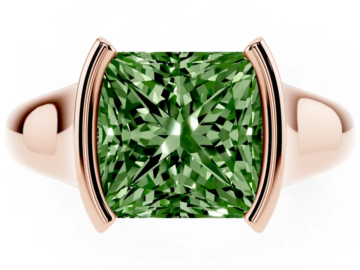 Fancy Green Princess Cut Solitaire Tension Set Diamond Ring with Split Shank Band Rose gold