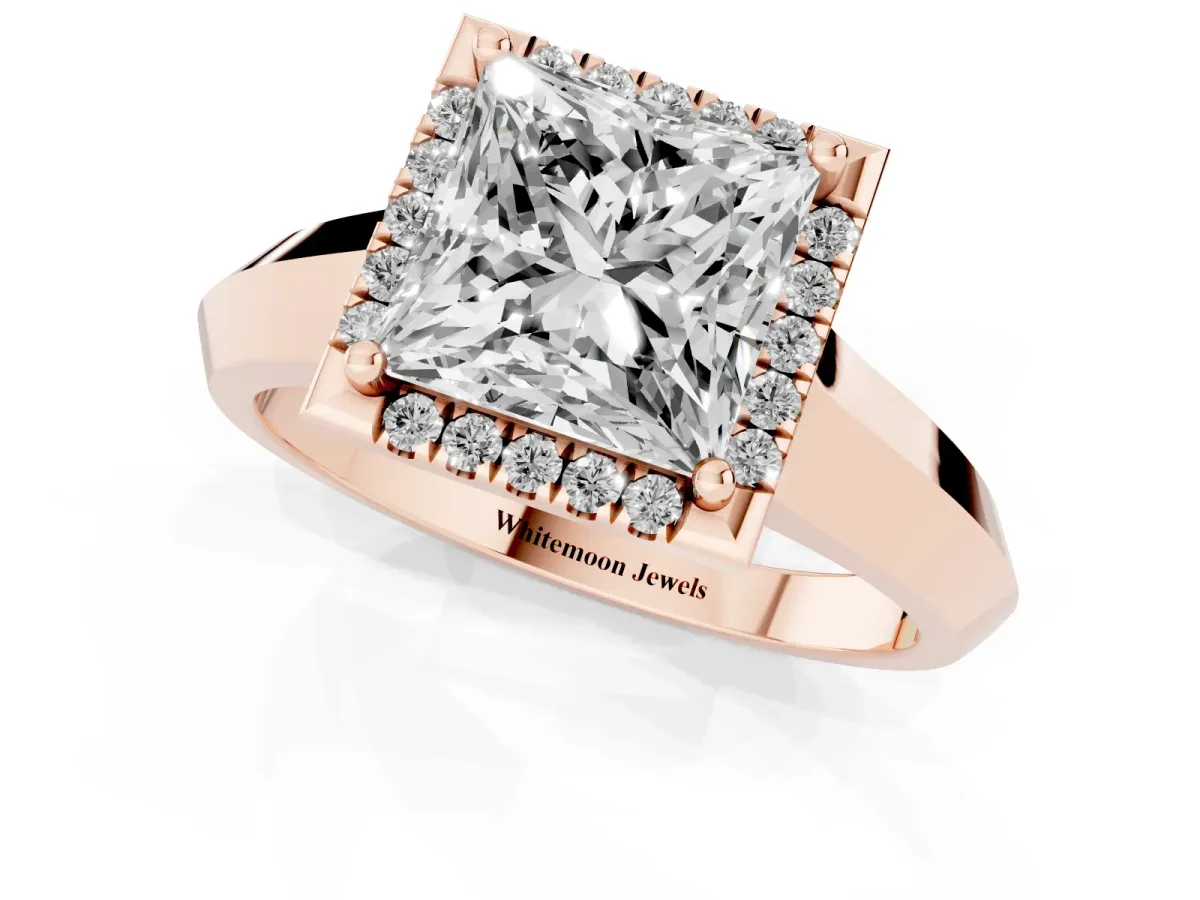 Princess Cut Halo Diamond Ring with Cathedral Band and Four-Prong Setting Rose gold