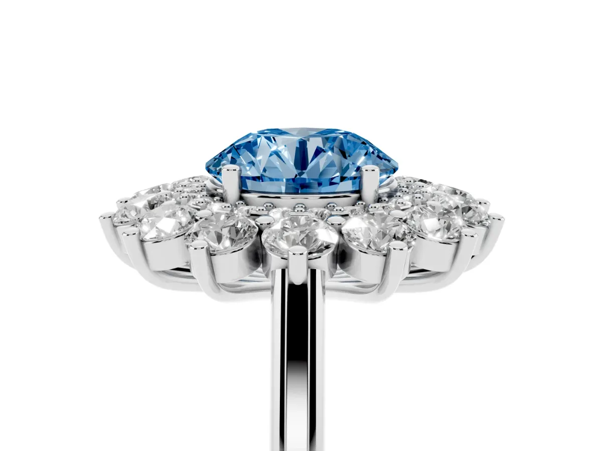 Fancy Blue Round Cut Diamond Floral Double Halo Engagement Ring with Prong Setting Silver