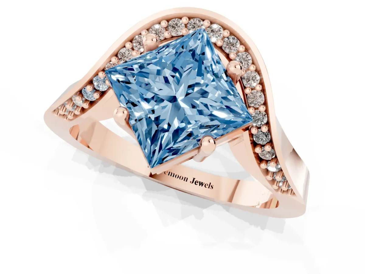 Fancy Blue Princess Cut Solitaire Diamond Engagement Ring with Pave Band and Four-Prong Setting Rose gold