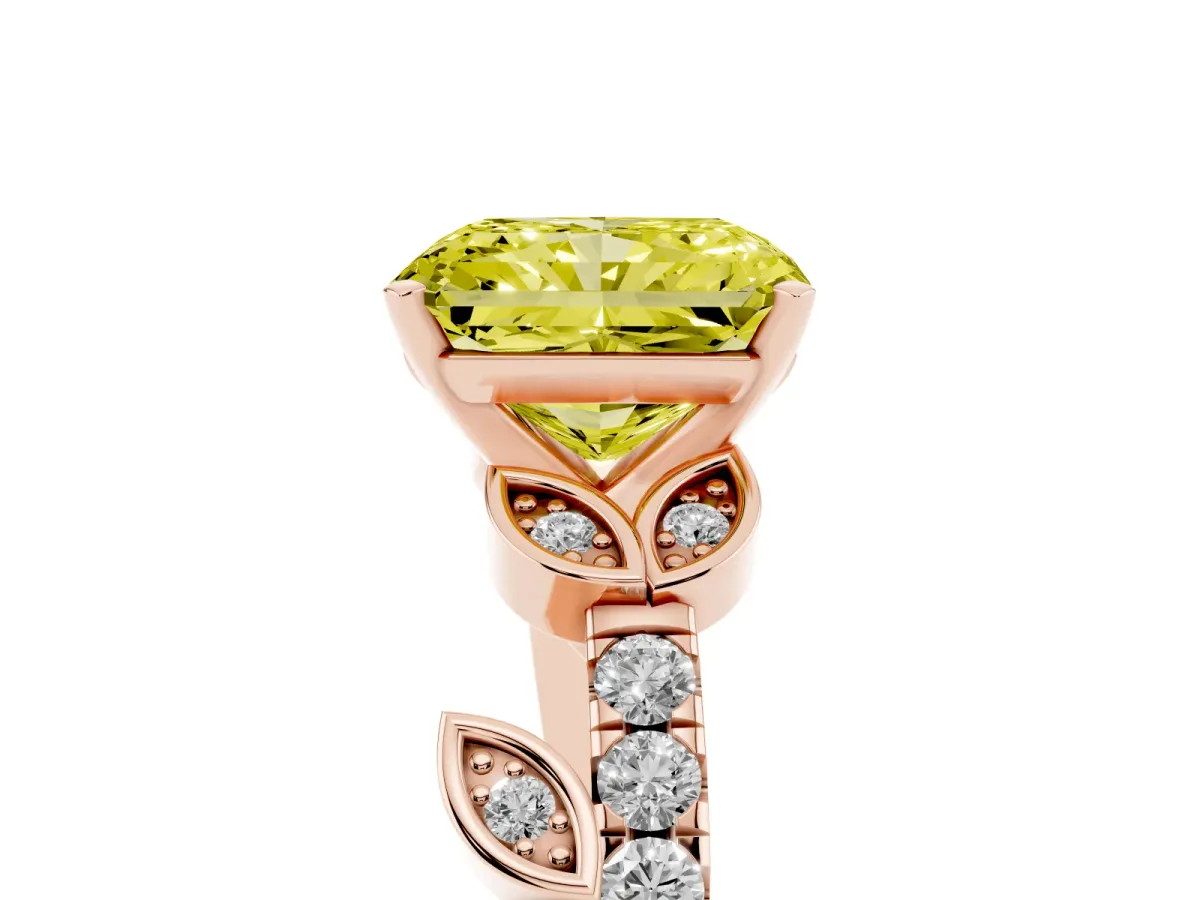 Fancy Yellow Radiant Cut Solitaire Leaf-Inspired Diamond Ring with Pavé Band and Four-Prong Setting Rose gold