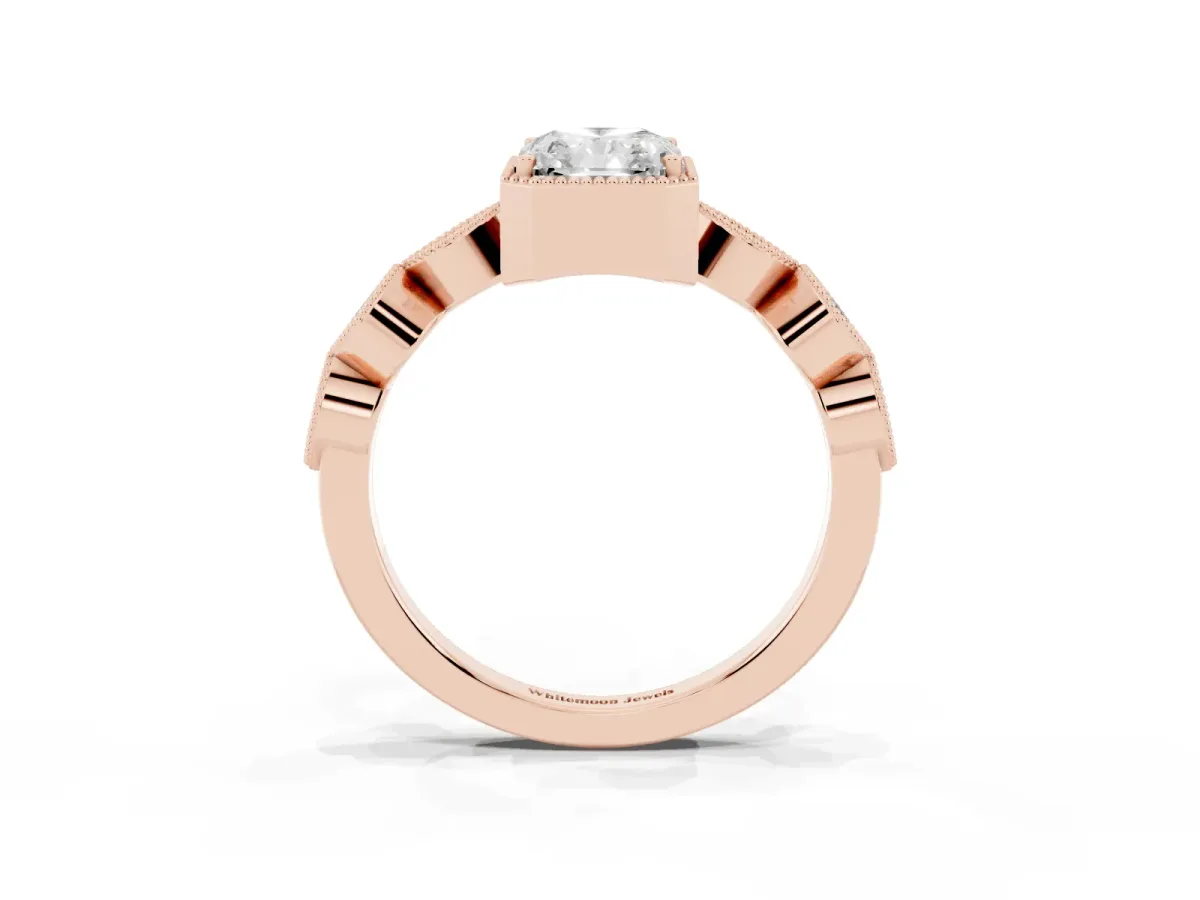 Radiant Cut Diamond Vintage Milgrain Ring with Round Stations Rose gold