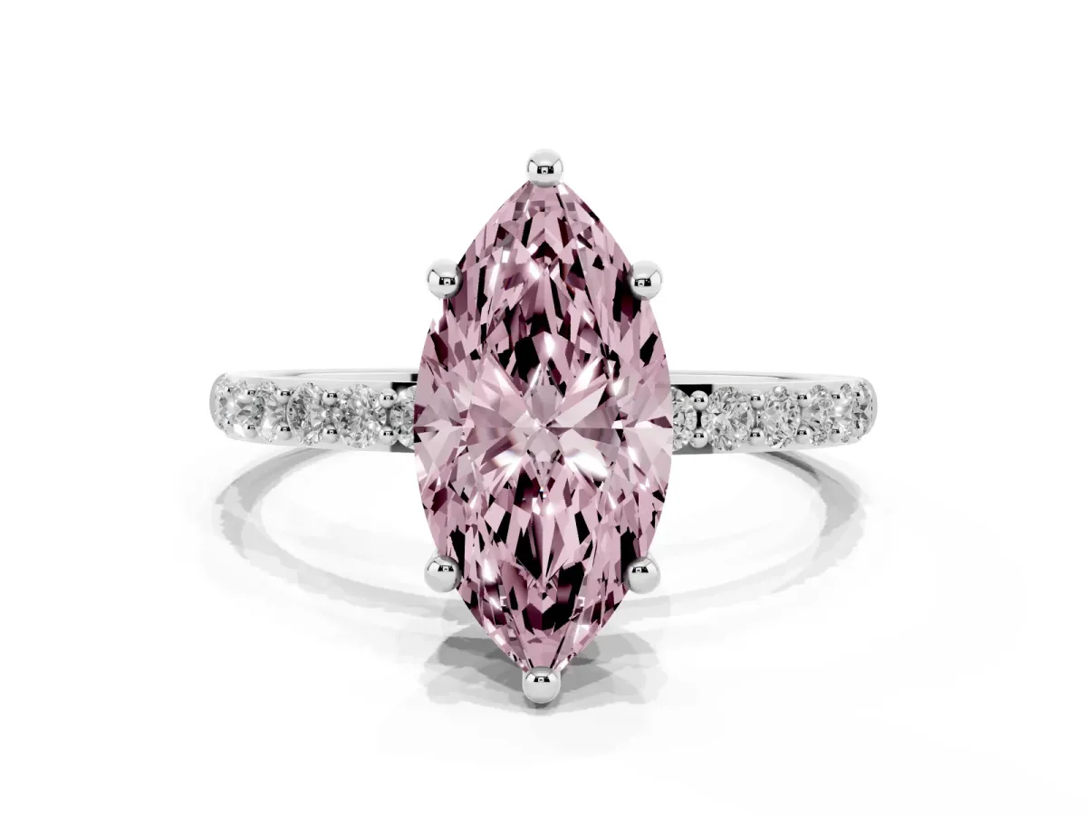 Fancy Pink Marquise Cut Diamond Solitaire Ring with Round Pavé Band and Prong Setting Silver