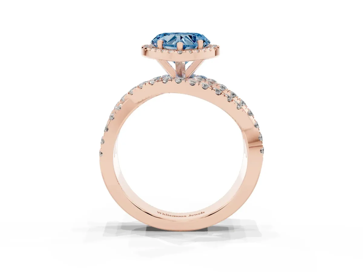 Fancy Blue Heart Cut Diamond Halo Ring with Round Split Shank and Prong Setting Rose gold